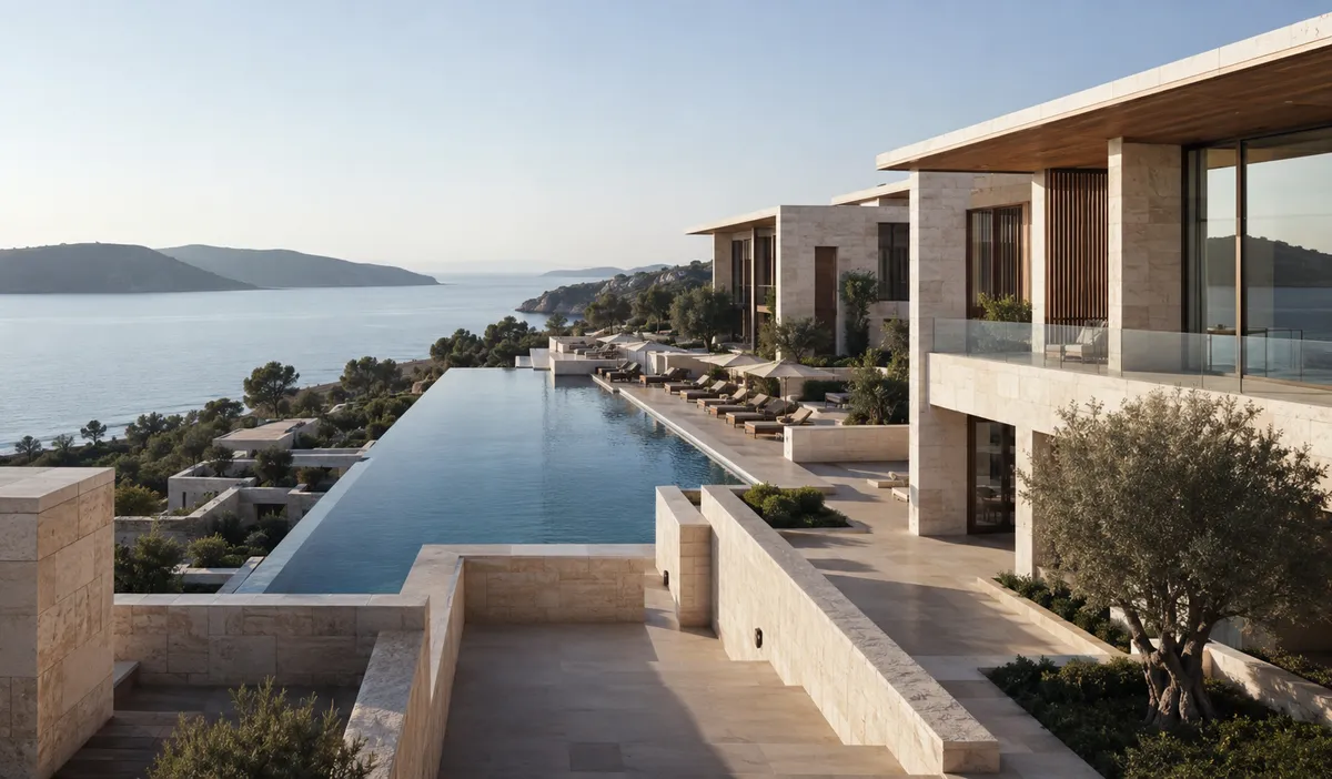 Deniz kıyısında çağdaş bir otel ve havuz terası; temsilî mimari görsel